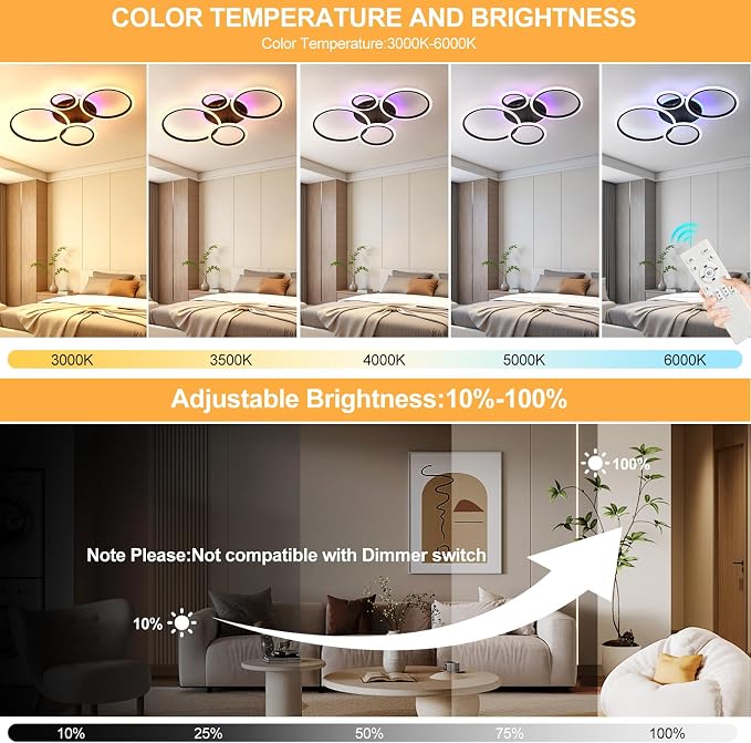 Modern LED Ceiling Light, 50W 4 Ring Flush Mount RGB Fixture | Black Ceiling Light Fixture with Remote, Dimmable 3000K-6000K, 10%-100% Brightness, RGB Backlight for Bedroom Living Room