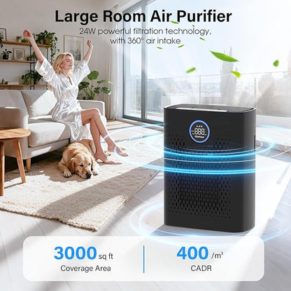 Air Purifiers for Home Pets Up to 3000Ft², HEPA Large Room Air Purifier with PM2.5 Air Quality Monitor, Sleep Mode, Air Purifiers for Bedroom Office for Allergies, Smoke, Dust, Pollen,8000B,Black