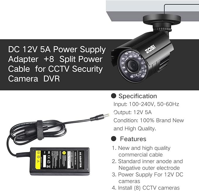 Fancy Buying Security Camera Power Adapter 12V 5A 100V-240V AC to DC 8-Way Power Splitter Cable FCC Certified LED Power Transformers-Fits Analog/AHD DVR/Camera, RGB LED Strip Lights
