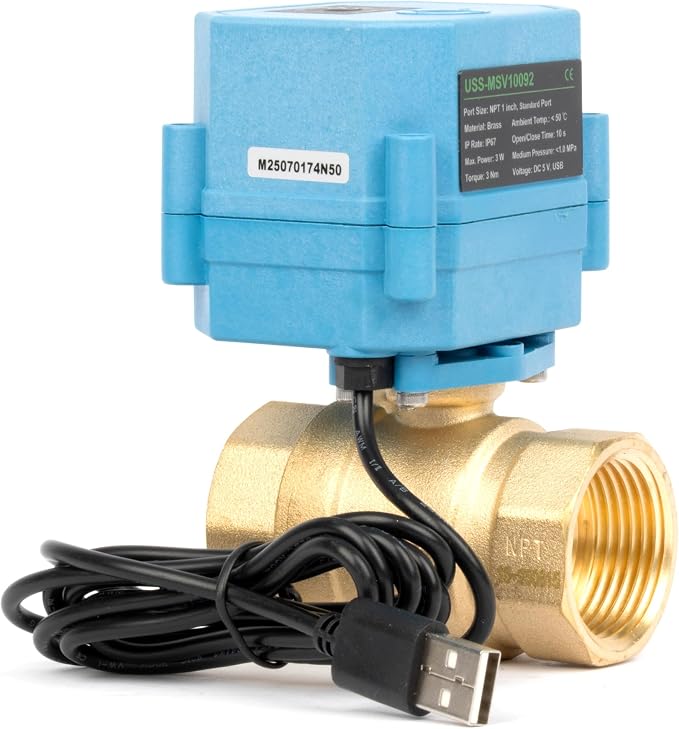 U.S. Solid WiFi Smart Motorized Ball Valve 1 inch NPT for Water Control & Irrigation, 2 Way Brass Electric Valve, USB Powered, LED Status Indicator, Flow Direction Window, Remote On/Off Control