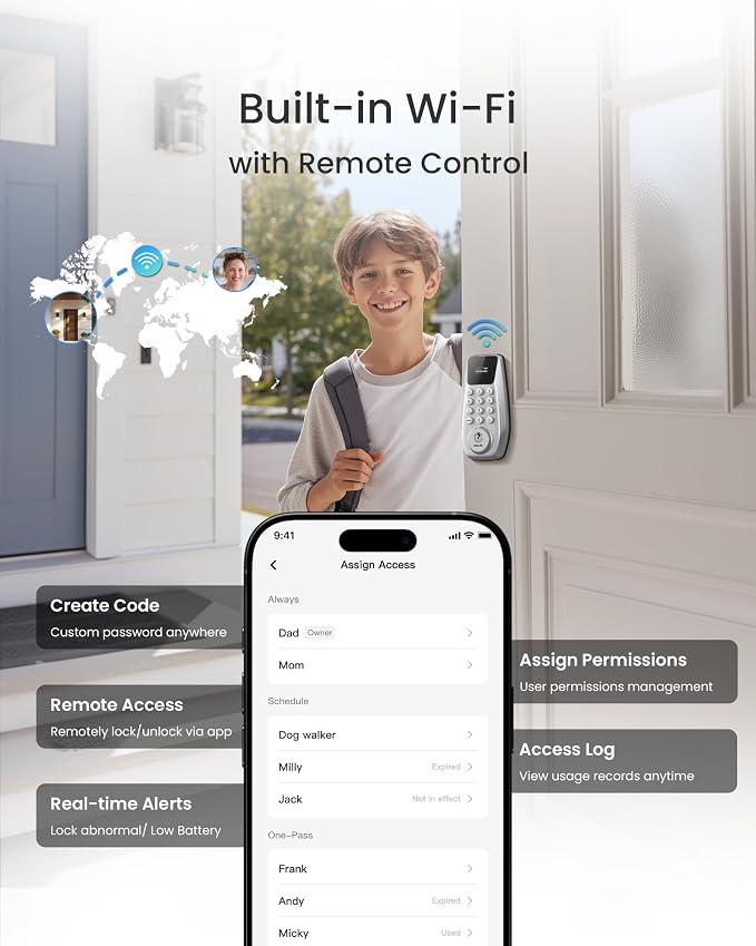 DESLOC C100 Plus Smart Lock with keypad, Built-in WiFi, Visual Display | Keyless Entry Deadbolt with App Control, 100 PIN Codes, IP54 Waterproof, For home & Rental Use, BHMA Grade 3,Silver
