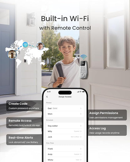 DESLOC C100 Plus Smart Lock with keypad, Built-in WiFi, Visual Display | Keyless Entry Deadbolt with App Control, 100 PIN Codes, IP54 Waterproof, For home & Rental Use, BHMA Grade 3,Silver