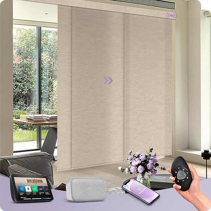 Graywind Motorized Sliding Panels Light Filtering Compatible with Alexa Google Smart Panel Track Blinds Remote Control for Patio Sliding Door (Dimout Jacquard Coffee)