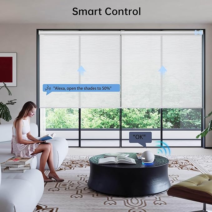 Motorized Coupled Shades, Light Filtering Smart Blinds for Large Windows Automatic Blinds Compatible with Alexa, Electric Roller Shades Customized for Living Room Home Office(Jacquard White)