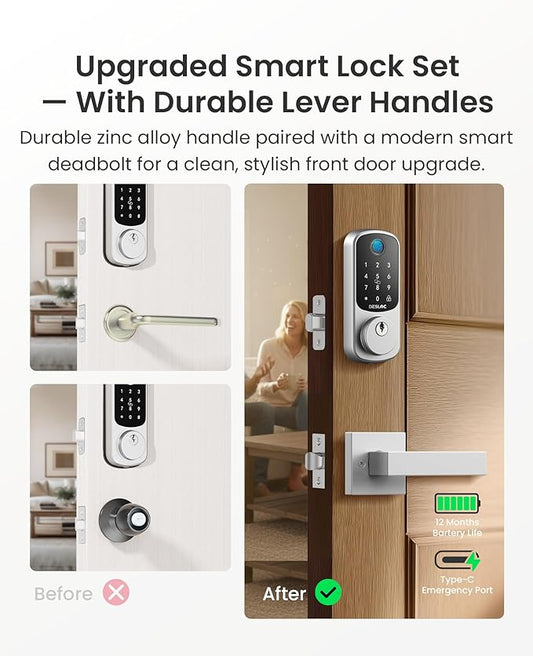 DESLOC B200 Fingerprint Smart Lock with 2 Durable Lever Handles, Keyless Entry Front Door Lock Set, Electronic Keypad Deadbolt, App Control, DIY Installation, Designed for a Secure DESLOC Home, Silver