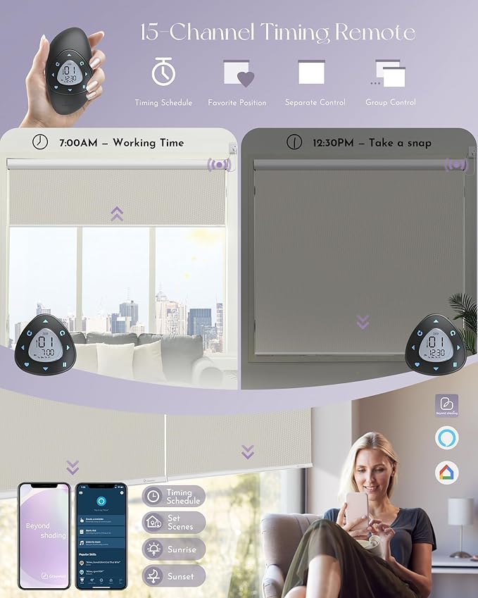 Graywind Motorized Roller Shade 100% Blackout Work with Alexa Google Waterproof Vinyl Fabric Remote Control Hardwired Window Shades Window Blinds, Customized Size (Vinyl - Beige)