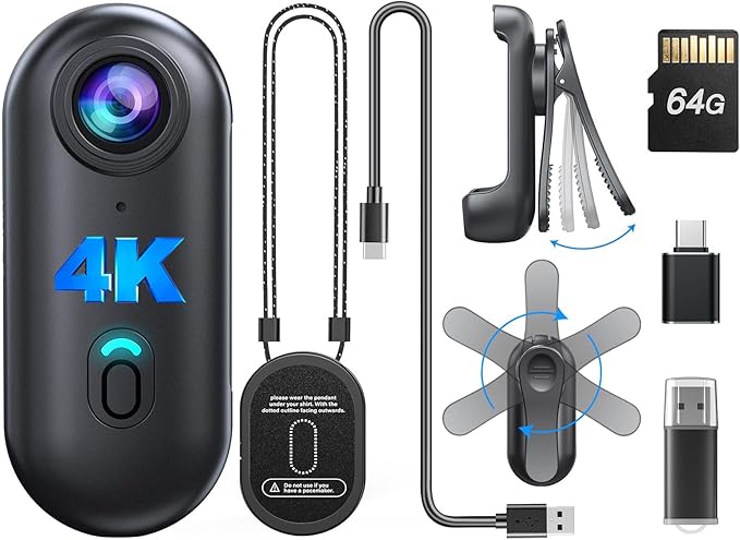 BOBLOV W4 4K Mini Body Camera, Wearable 64GB Camera with 360°Rotatable Clip & Magnetic Clip, 120 Minutes for recording, Easy to Use and Take for Lecture, Traveling, Pet Walking and Outdoors Activities