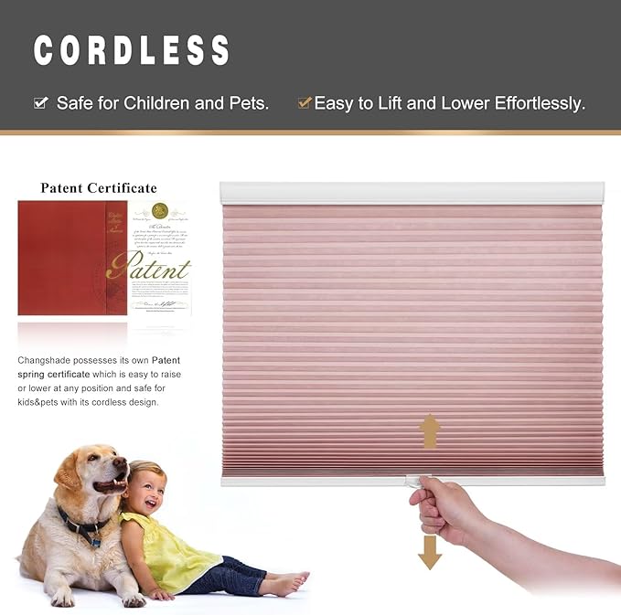 Changshade Cellular Shades Light Filtering Cordless Custom Size, Honeycomb Door Window Blinds 1.5 inch Cell Pleated Easy to Install for Home, Office, Apartment, House, Bedroom, Nursey, Pink