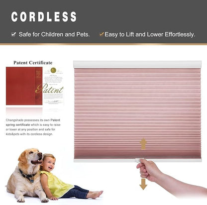 Changshade Cellular Shades Light Filtering Cordless Custom Size, Honeycomb Door Window Blinds 1.5 inch Cell Pleated Easy to Install for Home, Office, Apartment, House, Bedroom, Nursey, Pink