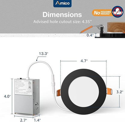 Amico 4 Pack 4 Inch Black 5CCT Ultra-Thin LED Recessed Light with Junction Box, 2700K/3000K/3500K/4000K/5000K Selectable, 10W Eqv 60W 800LM Dimmable Canless Wafer Downlight, ETL & FCC