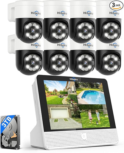 【Human Tracking+330° View】 Hiseeu 4K PoE Security Camera System,All-in-one 12" Monitor,8Pcs 5MP PoE PTZ Security Cameras for Home Security Outdoor,2-Way Audio,Color Night Vision,16CH Expandable