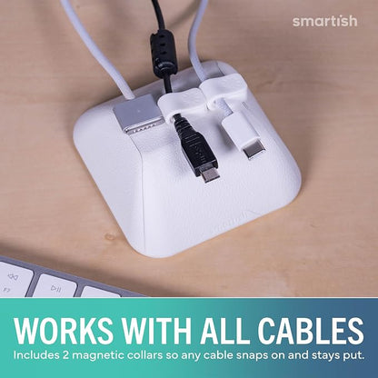 Smartish Magnetic Cord Holder, Cable Wrangler, Nightstand & Desk Organizer | Holds 5 Cords, 2 Cable Clips, Weighted Base, Charger Keeper, Phone Charging Cable Management, Home Office Accessories, White