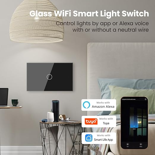 Smart Switch Neutral Wire Optional,APP Control,Black 1 Button | 4.65 X 2.83 X 1.34 Inches,Only 2.4GHz Wi-Fi,Voice Control,Work with Tuya/Smart Life/Alexa,Tempered Glass Panel