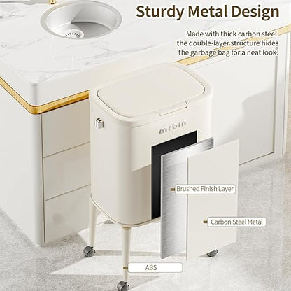 MRBIN Metal Kitchen Trash Can with Wheel Legs, 36L / 9.5gal Medium Press Lid Slim Removable Waste Basket, Pet Proof Tall Narrow Garbage Pail for Vanity, Bedroom, Bathroom, Living Room, Water Lily
