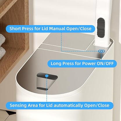 Motion Sensor Trash Can - Automatic Touchless 5.5 Gallon Garbage Bin for Bathroom, Bedroom, Kitchen, Office (White with Toilet Brush)