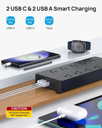TROND Surge Protector Power Strip with 360° Rotating Flat Plug, 4000J, ETL Listed, 10 Widely Spaced Outlets, 2 USB A and 2 USB C, 5ft Extension Cord, Wall Mountable, for Home Office Garage, Black