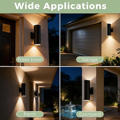 Outdoor Wall Lights 2 Pack, 12'' Up and Down LED Cylinder Exterior Lighting Fixtures, 23W 3000K IP65 Waterproof Wall Sconces for House, Garage, Patio, Porch, Black