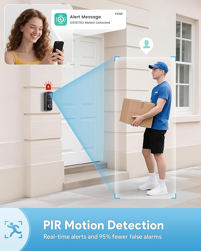 AUE Doorbell Camera Wireless, 2K HD Video Doorbell with Ring Chime, Battery Operated, Night Vision, 2-Way Audio, PIR Motion Detection, 2.4Ghz WiFi, IP66 Waterproof, Compatible with Alexa