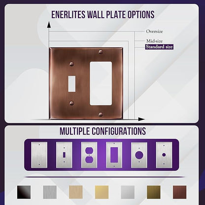 ENERLITES Combination Toggle Switch & Decorator Receptacle Metal Wall Plate, Stainless Steel 201 Outlet Cover, Corrosion-Resistant, Standard Size 2-Gang 4.50" x 4.57", 771131-AC, Antique Copper