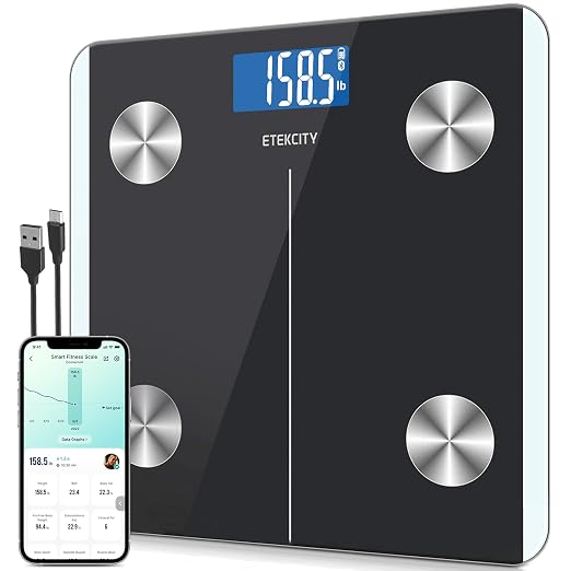 Etekcity Rechargeable Smart Scale for Body Weight, Bluetooth, 400 lb | Digital bathroom scale tracks BMI, body fat and muscle mass, with accurate weighing and smartphone app sync