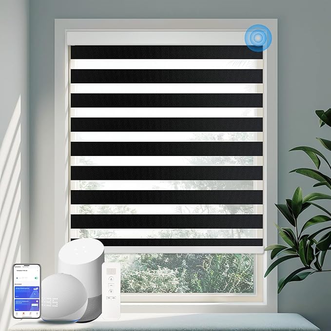 Motorized Zebra Blinds for Windows Cordless Electric Curtains with Remote Control Blackout Shades Custom Smart Blinds Compatible with Alexa Google Home(Light Filtering Black,W38 X 72in)