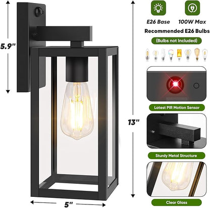 BesLowe 13" Upgraded Motion Sensor Outdoor Wall Lights, 2-Pack Dusk to Dawn Porch Light Outdoor Wall Sconce Lanterns, 3 Lighting Modes Exterior Lighting Fixtures, Black Outside Lights for House Garage