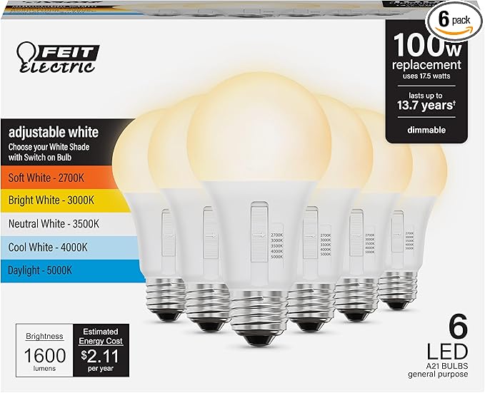 Feit Electric A21 LED Light Bulb, 100W Replacement, Dimmable, Selectable Color Temperatures (2700K-5000K), 1600 Lumens, General Purpose Light Bulbs, 15,000-Hour Lifetime, OM100DM/5CCTCA/LED/6, 6 Pack