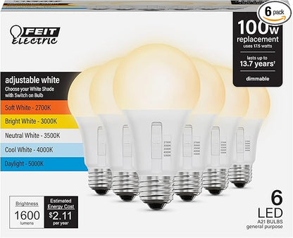 Feit Electric A21 LED Light Bulb, 100W Replacement, Dimmable, Selectable Color Temperatures (2700K-5000K), 1600 Lumens, General Purpose Light Bulbs, 15,000-Hour Lifetime, OM100DM/5CCTCA/LED/6, 6 Pack
