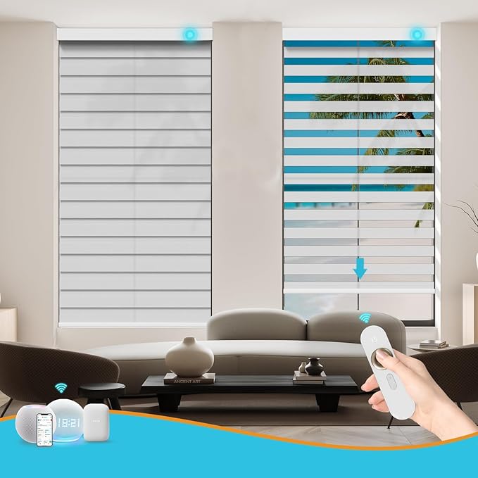 Motorized Zebra Blinds with Remote, Work with HomeKit Alexa, Smart Light Filtering Horizontal Automatic Electric Window Shades for Home Office Customsize(90% Blackout Wide White)