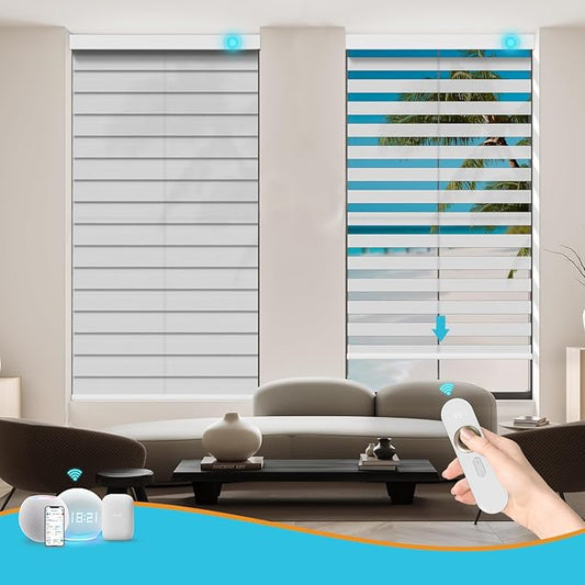 Motorized Zebra Blinds with Remote, Work with HomeKit Alexa, Smart Light Filtering Horizontal Automatic Electric Window Shades for Home Office Customsize(90% Blackout Wide White)