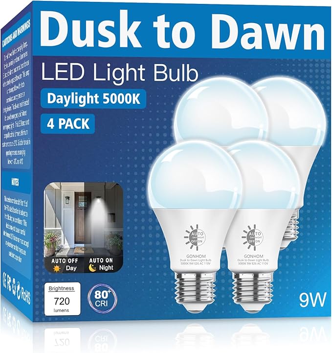 Gonhom 4 Pack Dusk to Dawn LED Outdoor Light Bulb, 5000K-Daylight Dusk to Dawn Light Bulbs, 720LM, 9W(60W Equivalent) A19 E26 Automatic On/Off LED Outdoor Light Bulbs for Porch Lights Garage Patio