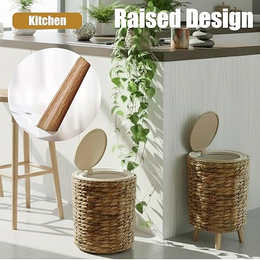 Yatmung 2.3 Gallon Wicker Trash Can - Boho Bathroom Trash Can with Lid - Natural Water Hyacinth Waste Basket for Bedroom, Living Room, Office - Removable Liner - Rattan Garbage Can with Wooden Leg