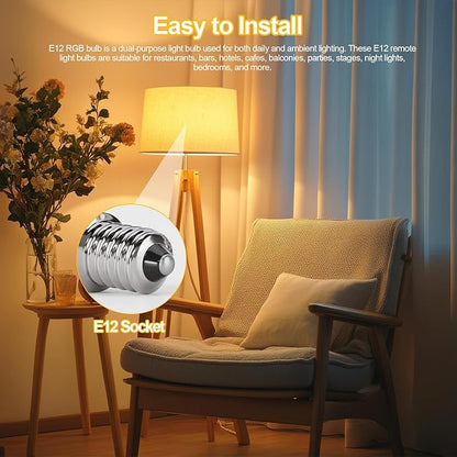 XRise E12 Color Changing Bulb with Remote Control, Dimmable 12 Colors+3000K+6000K, 2W LED E12 Candelabra Bulb 20W Incandescent Replacement, Memory Function, No Flicker, for Mooding Lighting, 2PACK