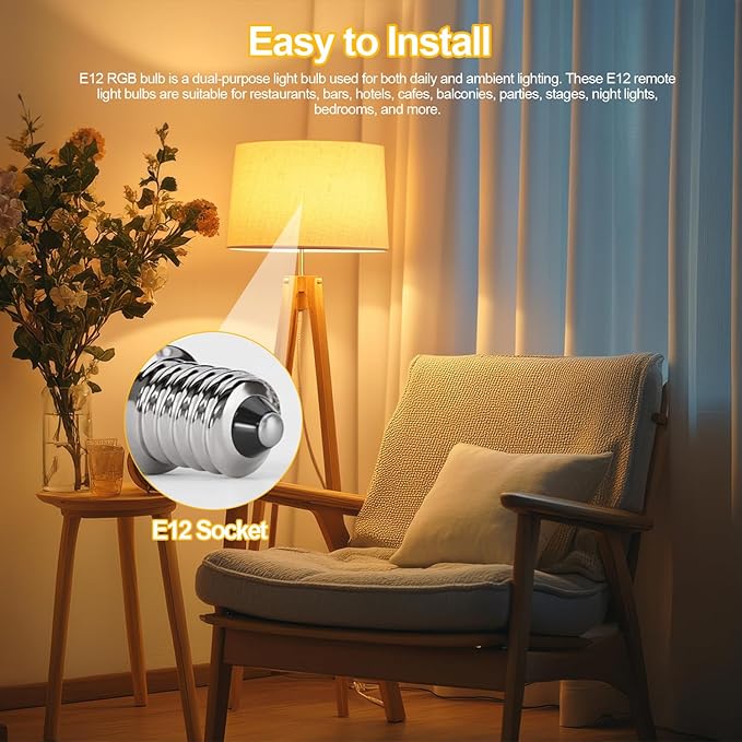 XRise E12 Color Changing Bulb with Remote Control, Dimmable 12 Colors+3000K+6000K, 2W LED E12 Candelabra Bulb 20W Incandescent Replacement, Memory Function, No Flicker, for Mooding Lighting, 6PACK