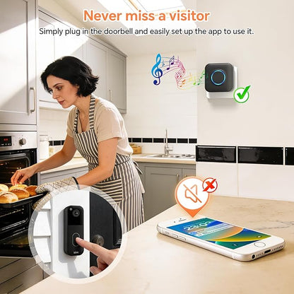 Smart WiFi Wireless Doorbell Chime for Google Nest, Ring, Blink – App-Connected with LED Light, No Wiring Required (1pack, Black)