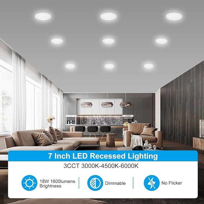 Elaruslux 7 Inch 3CCT Ultra-Thin LED Recessed Light with Junction Box, 3000K/4500K/6000K Selectable, 18W Eqv 125W, Dimmable Ceiling Lights 1600LM Brightness Canless Wafer Downlight