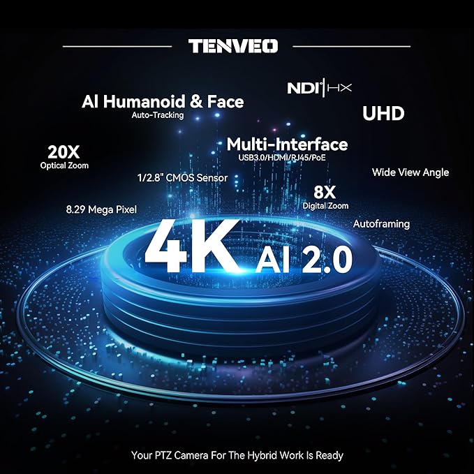 Tenveo 4K NDI PTZ Camera, AI Humanoid & Face Auto-Tracking, 20X Optical + 8X Digital Zoom, USB3.0/HDMI/LAN PoE IP Live Streaming for Church Worship Broadcast Events Video Conference YouTube OBS