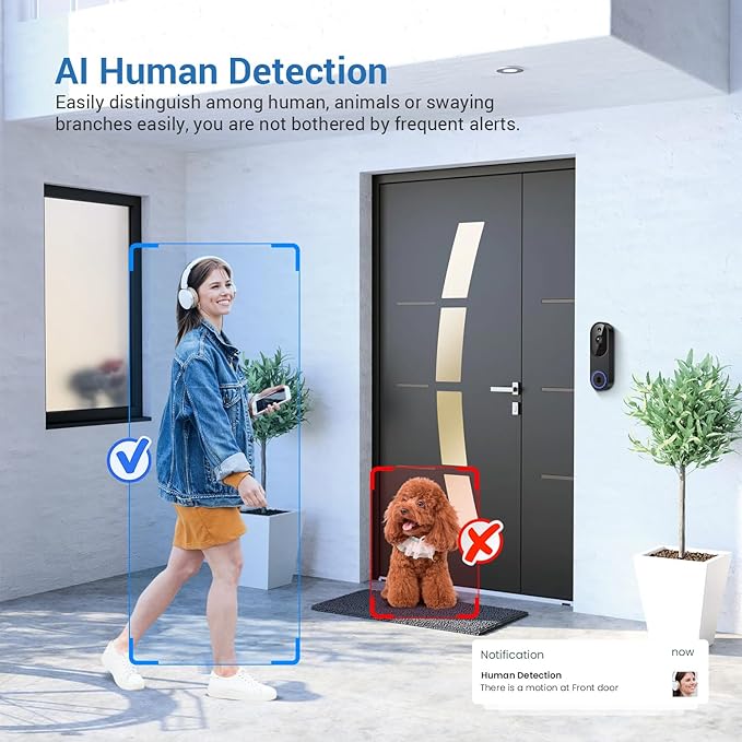 Wireless Video Doorbell Camera, 2.4G WiFi Only, AI Human Detection, Indoor/Outdoor Surveillance Cam for Home Security, 2-Way Talk, Night Vision, Cloud Storage (Sold Separately)