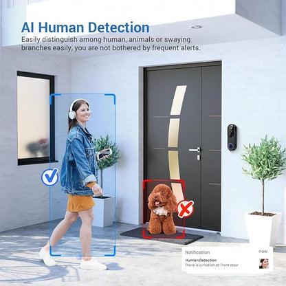 Wireless Video Doorbell Camera, 2.4G WiFi Only, AI Human Detection, Indoor/Outdoor Surveillance Cam for Home Security, 2-Way Talk, Night Vision, Cloud Storage (Sold Separately)