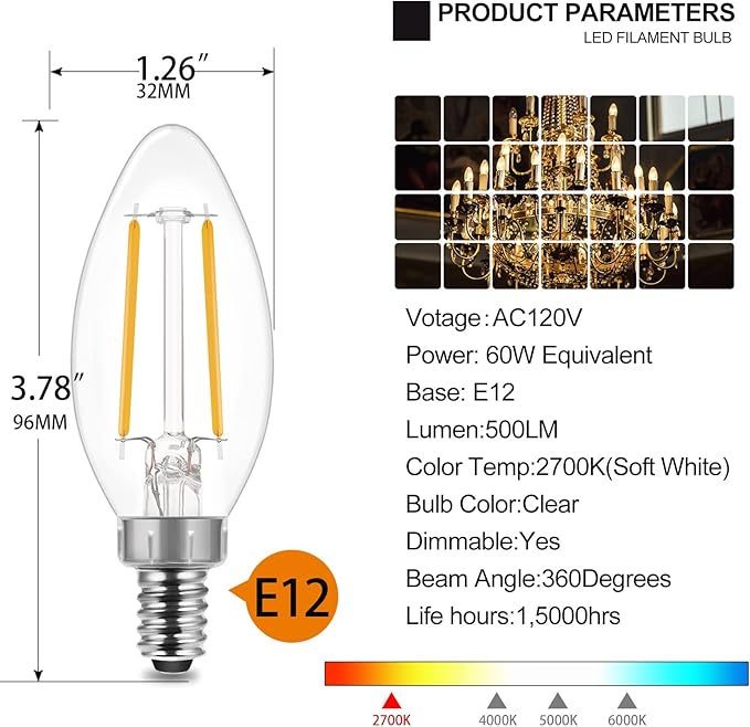E ENERGETIC LIGHTING LED B10 Candelabra Light Bulbs 60W Equivalent, Soft White 2700K, 500 Lumen, E12 Base, Chandelier LED Edison Bulbs, Dimmable, 8 Pack
