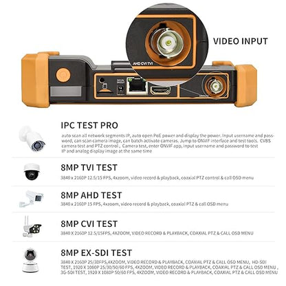 IP Camera Tester Monitor, 8MP AHD CVI TVI SDI CVBS IP Camera Test,4K HD Display Video Monitor 5inch IPS Touch Screen IPC Tester Support POE PTZ RS485 HDMI & VGA Input DC12V Output