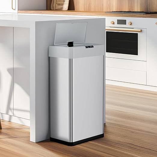 Sensor Trash Can, Touchless Motion Sensor Trash Bin, Smart Automatic Garbage Can with Soft-Close Lid, Bag Retainer Ring and Display Light,for Kitchen,Living Room Office (Silver, 18.5 Gal)