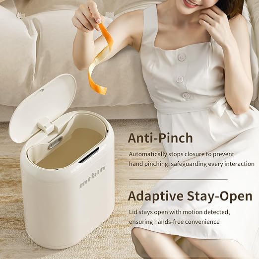 MRBIN Trash Can for Bathroom, Automatic Touchless Garbage Bin with Lid,3.43 Gallon for Office and Kitchen, Electric Motion Sensor Bedroom Bin, Cream White, MACE0102
