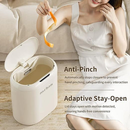 MRBIN Trash Can for Bathroom, Automatic Touchless Garbage Bin with Lid,3.43 Gallon for Office and Kitchen, Electric Motion Sensor Bedroom Bin, Cream White, MACE0102
