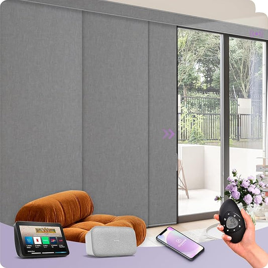 Graywind Rechargeable Smart Sliding Panels Blinds Compatible with Alexa Google Custom Motorized Panel Track Blinds Remote Control for Patio Sliding Door Closet Door Width Up to 177" (Light Grey)