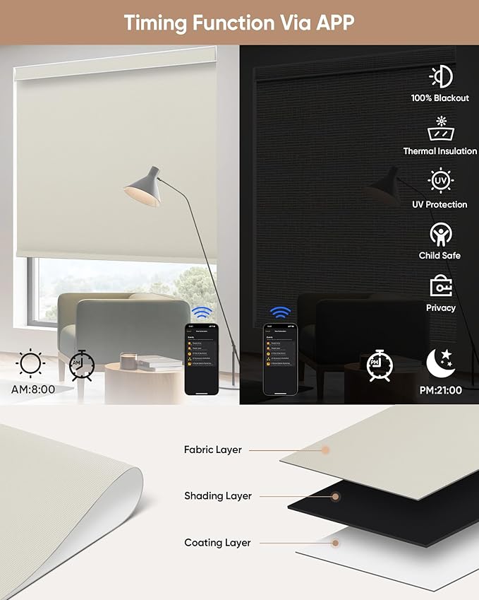 Motorized Blinds with Remote: Kincmo 100% Blackout Roller Shades Work with Apple Homekit,Alexa,Google Home, Customized Electric Blinds with App,Voice Control (100% Blackout Pure Cream)