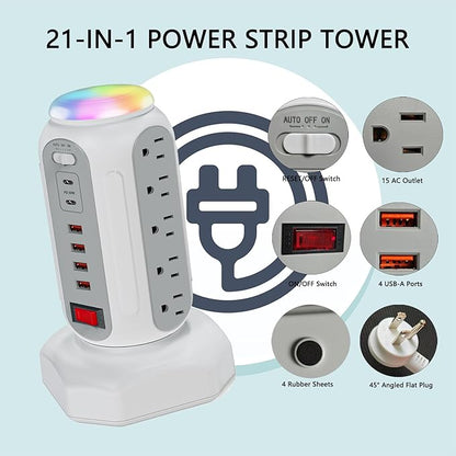 Fast Charging Station Power Tower - 15 AC Outlets & Dual USB-C 30W (Single Port 30W/2 Ports 15W Each), 4 USB-A, Retractable Cord Surge Protector with Top Night Light for Home Office Dorm Room
