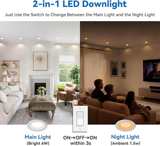 CycevSun 3 Inch LED Recessed Light with Night Light, 2 Pack, Dual Mode | 5CCT 2700K-5000K Selectable, Dimmable, Sync & Reset, Canless Downlight, Main Light 6W, Night Light 2W, ETL, IC Rated