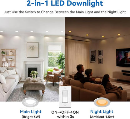 CycevSun 3 Inch 12 Pack LED Recessed Light with Night Light, Dual Mode | 5CCT 2700K-5000K Selectable, Dimmable, Sync & Reset, Canless Downlight, 2000K Amber Lighting, 6W/2W, ETL, IC Rated