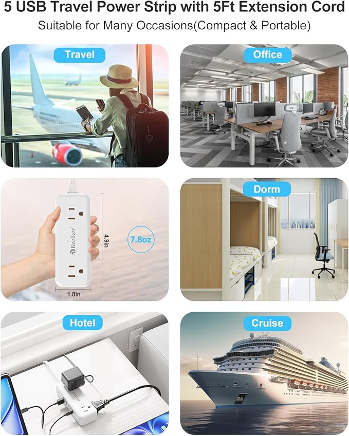 Beeiker 30W 3 USB C Travel Power Strip- 5Ft Extension Cord with 5 USB and 4 Outlets, Compact Flat Plug Small Extension Cord for Travel Cruise College Dorm Office White